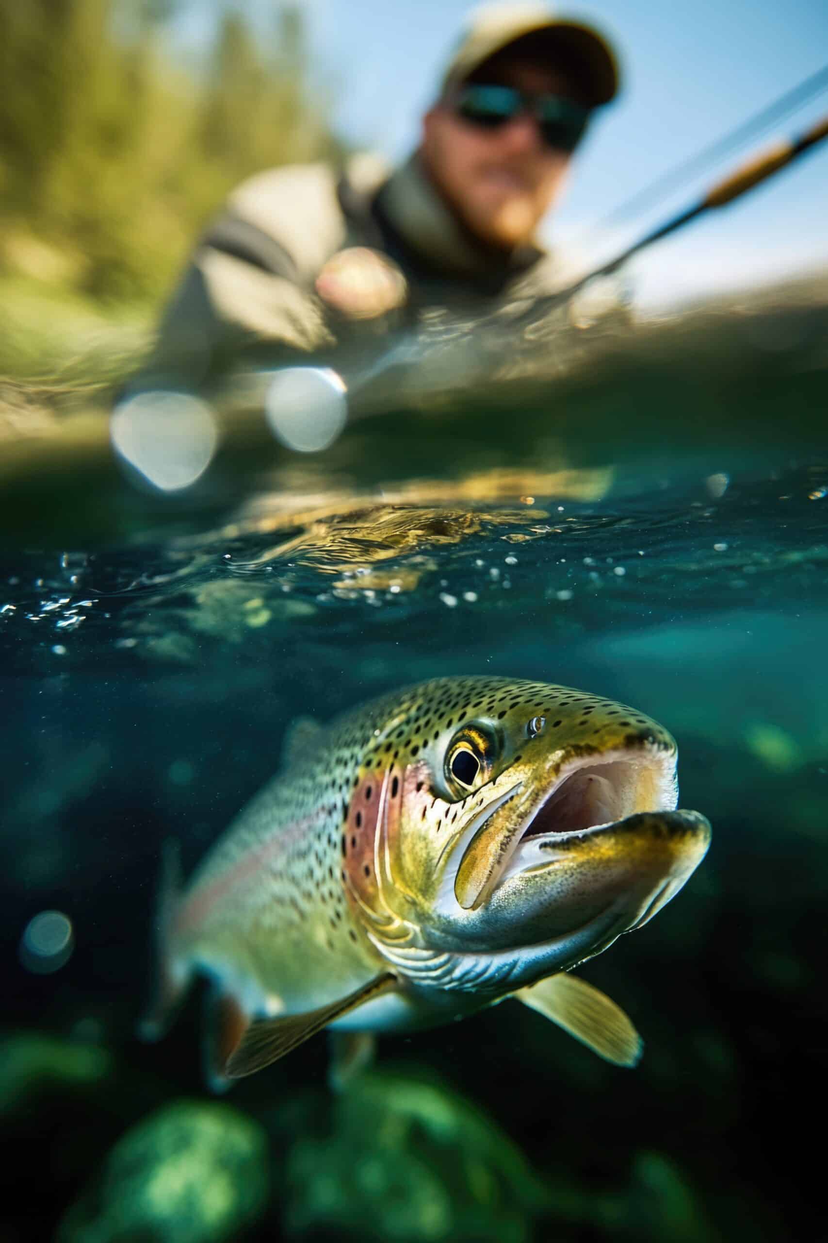 A fisherman stands on the riverbank, casting his line as a vibrant trout breaks the water's surface. Sunlight filters through the trees, enhancing the serene ambiance of the day